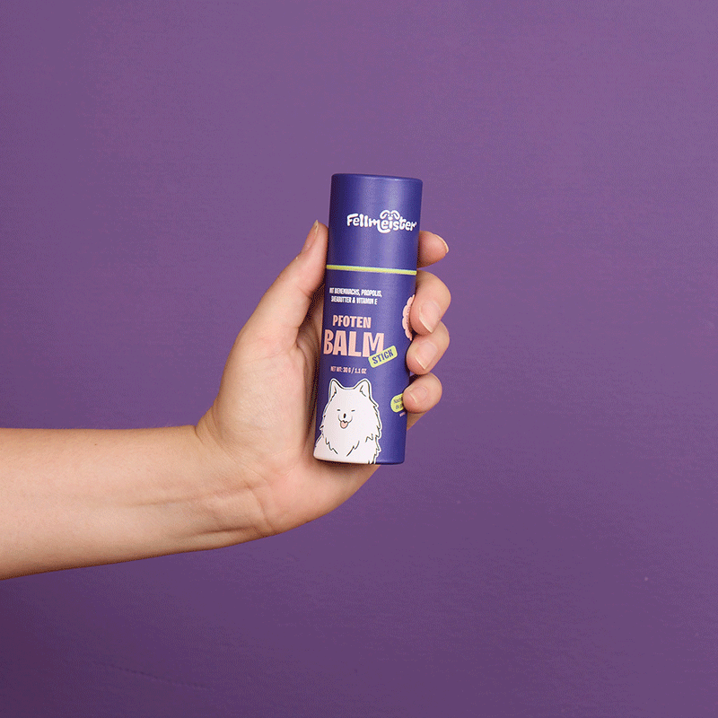 Fellmeister® Pfotenbalsam Stick wird in der Hand gehalten und herausgedreht – natürliche Pfotenpflege für Hunde und Katzen.